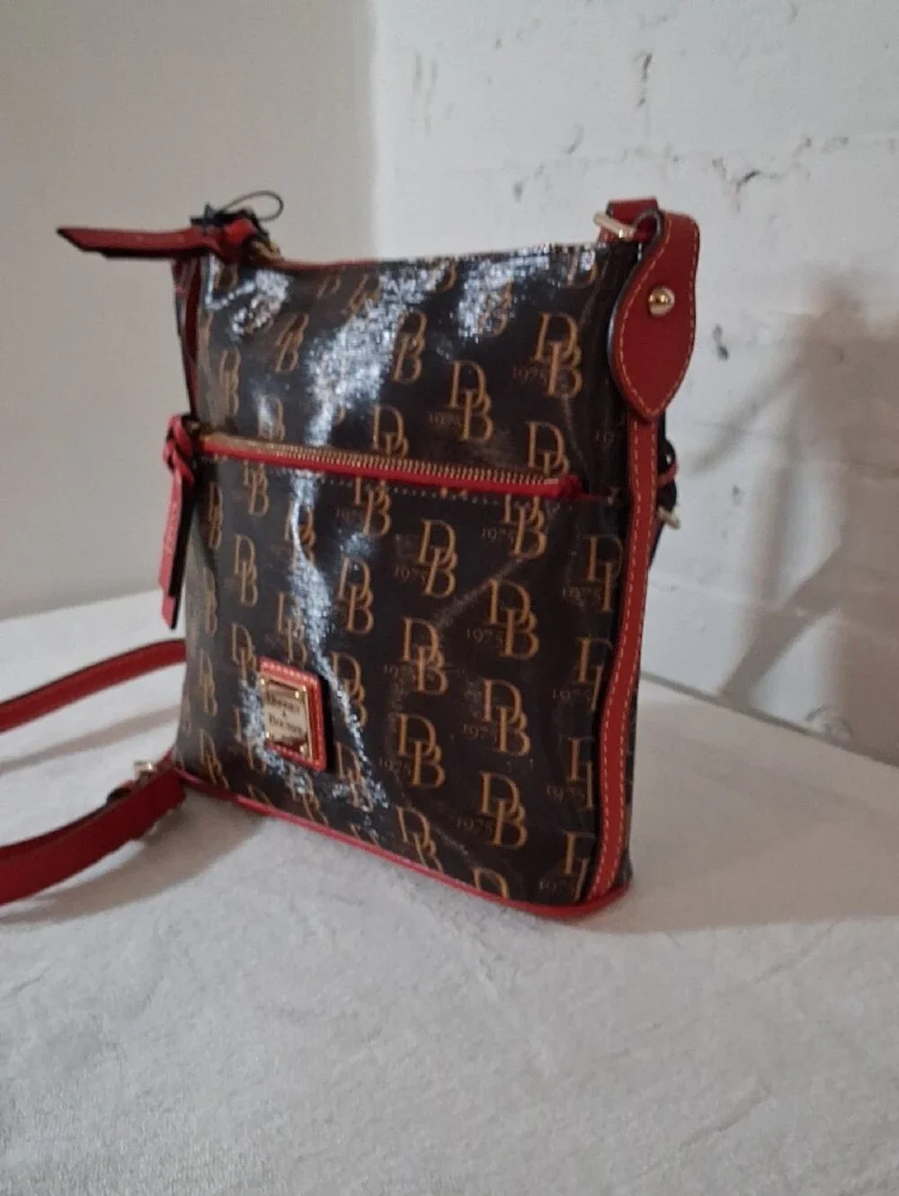 Dooney & Bourke Brown Signature Crossbody with Red Accents - Picture 4 of 6